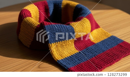 Knitted Striped Scarf in Burgundy Yellow and Navy Blue Wool Yarn	 128273299