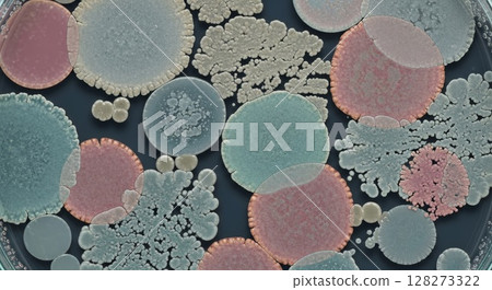 Microscopic Bacteria Colony Growth Patterns in Pastel Blue Pink and White on Petri Dish 128273322