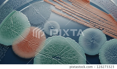 Microscopic Bacterial Culture Colonies in Petri Dish Showing Intricate Growth Patterns	 128273323