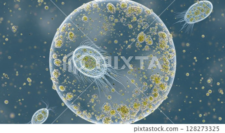Microscopic Organisms Surrounding Large Spherical Cell Microbiological Visualization Microscopic Organisms Surrounding Large Spherical Cell Microbiological Visualization 128273325