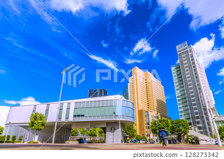 Yokohama cityscape in Japan, July, summer sky... Sakuragicho Station front. View of Sakuragicho Station and buildings from Yokohama Air Cabin on the 10th 128273342