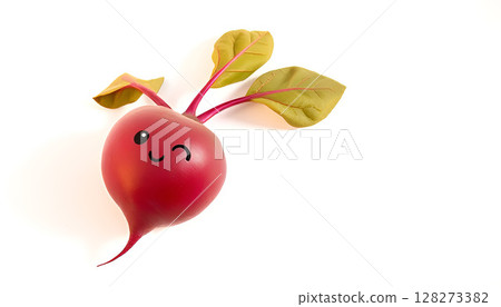 Cute red beetroot with green leaves and a playful winking face drawn on it, isolated on white background, concept of fun healthy food, happy vegetable character, and creative food art illustration Cute red beetroot with green leaves and a playful winking face drawn on it, isolated on white background, concept of fun healthy food, happy vegetable character, and creative food art illustration 128273382