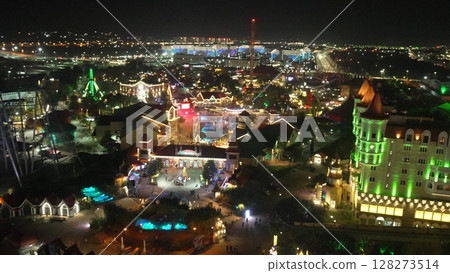 Night Lights Sochi Russia Winter Illumination Festival: Aerial view showcasing festive decorations and attractions. 128273514