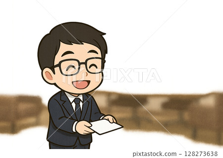 一位戴眼鏡的銷售員微笑著遞上文件（會議室背景，中間有空白） 128273638