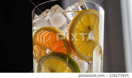 Refreshing Citrus Infused Sparkling Water with Orange Lemon and Lime Slices in Glass 128273645