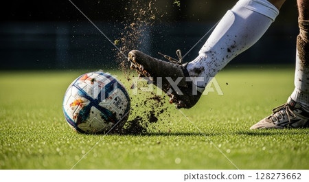 Soccer Player Kicking Ball Intense Action Moment Muddy Grass Field Dynamic Sports Photography 128273662