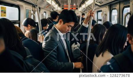 Tired Asian Businessman Standing in Crowded Subway Train During Rush Hour Commute 128273678