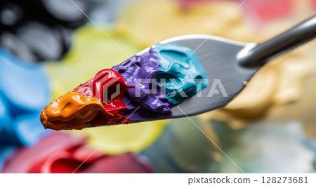 Vibrant Artists Palette with Mixed Paint Colors on Palette Knife Macro Photography 128273681