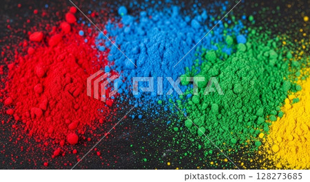 Vibrant Colored Powder Explosion Gradient RGB Spectrum on Black Background 128273685