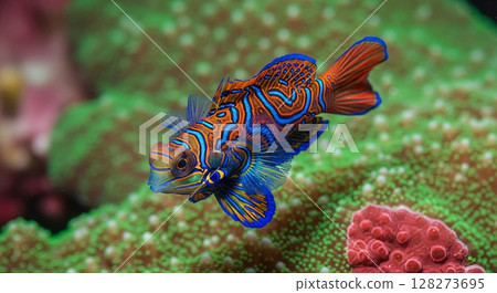 Vibrant Mandarin Fish Swimming Near Pink Coral in Lush Green Marine Environment 128273695