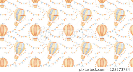 Seamless pattern with watercolor vintage hot air balloon and garland. Hand drawn illustrations for kids and baby in beige colors. Seamless pattern with watercolor vintage hot air balloon and garland. Hand drawn illustrations for kids and baby in beige colors. 128273784