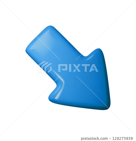 Smooth 3D blue arrow vector illustration pointing down-left, ideal for navigation, direction concepts, and modern graphic design. Perfect for digital projects and web interfaces. 128273939