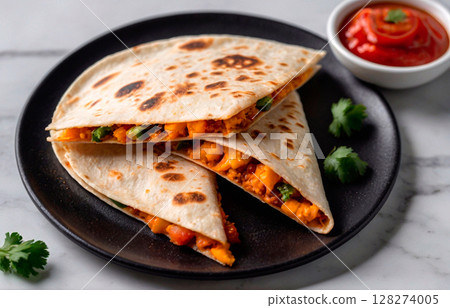 macro photo of quesadilla on black glossy 128274005