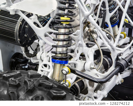 Unique close-up of advanced suspension system components from 3D printing 128274212