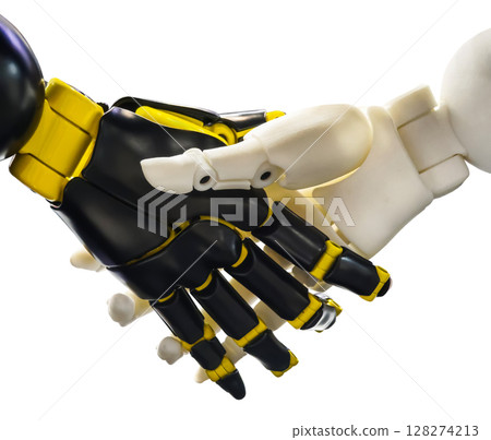 Robotic hands shaking in a demonstration of technology and human connection in a modern setting Robotic hands shaking in a demonstration of technology and human connection in a modern setting 128274213