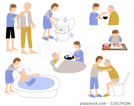 Illustration set of young carers caring for the elderly 128274296