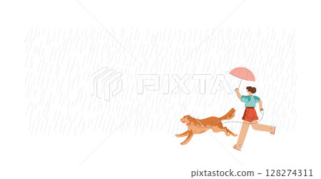 Girl with umbrella and dog are running in the rain 128274311