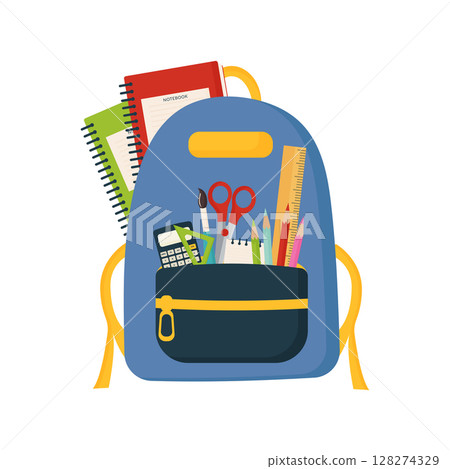 School Backpack with Supplies Vector Illustration isolated on white background. 128274329
