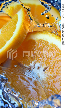 Textured abstract background with macro orange slice and a water splash. Macro photography. 128274361
