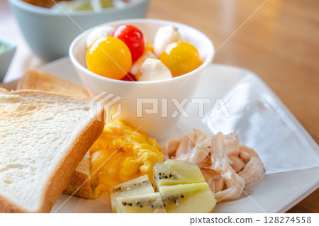 Healthy western-style breakfast plate with toast and mozzarella 128274558
