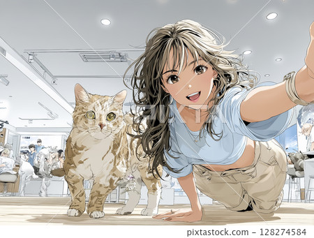 Cat Cafe - Illustration of a smiling woman surrounded by cats 128274584