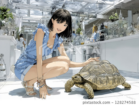 爬行動物咖啡館 - 一位女士撫摸烏龜的插圖 128274588