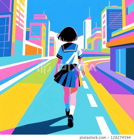 一名高中女生邁向光明未來之路的剪影插圖 一名高中女生邁向光明未來之路的剪影插圖 128274594