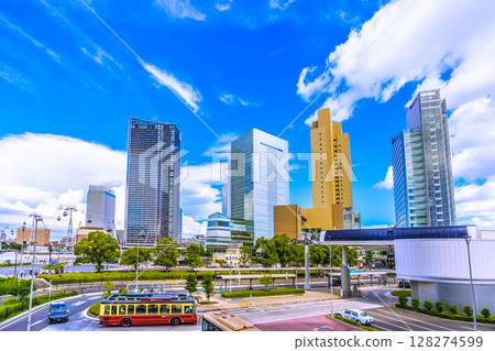 Yokohama cityscape in Japan, July, summer sky... Sakuragicho Station front. View of Sakuragicho Station and buildings from Yokohama Air Cabin on the 10th Yokohama cityscape in Japan, July, summer sky... Sakuragicho Station front. View of Sakuragicho Station and buildings from Yokohama Air Cabin on the 10th 128274599