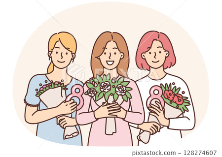 Female with bouquets of flowers presented in honor of International Womens Day and number eight 128274607