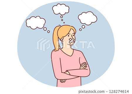 Woman with mouth sealed stands with arms crossed arranging boycott due to resentment or censorship 128274614