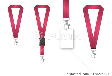 Badges Lanyard design. Identification card with ribbon. Metal closure and card with plastic. Accreditation for events congresses and companies. Vector 128274624