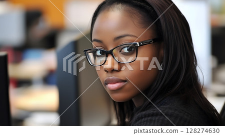Young African American Professional Woman Wearing Black Glasses in Office Setting 128274630