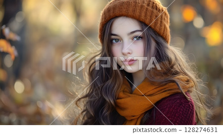 Young European Woman in Autumn Knit Beanie Warm Tones Outdoor Portrait 128274631