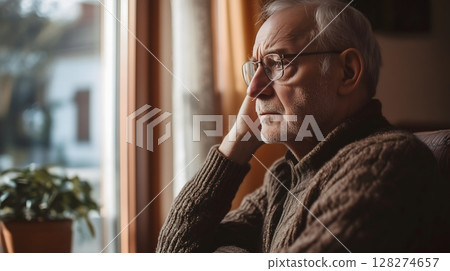 Pensive Elderly European Man Gazing Out Window in Knitted Sweater Feeling Contemplative 128274657