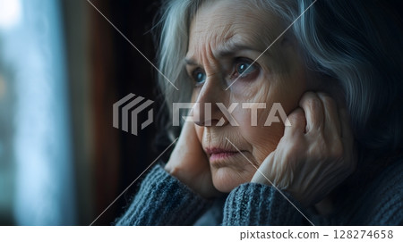 Pensive Elderly European Woman Gazing Thoughtfully by Window in Blue Sweater 128274658