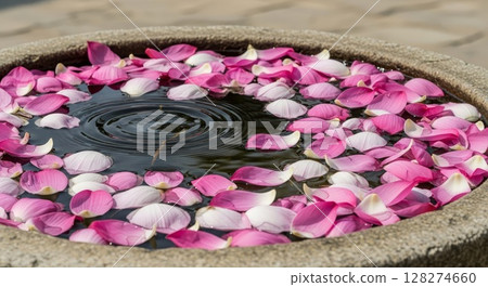 Pink Lotus Petals Floating in Circular Water Bowl Zen Meditation Spa Concept 128274660