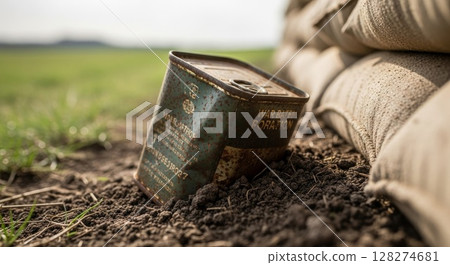 Vintage War Ration Tin Can in Muddy Battlefield Soil with Blurred Military Uniform 128274681