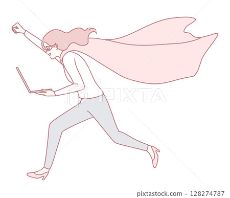 An Empowered Businesswoman is Running with a Laptop while wearing a Stylish Cape An Empowered Businesswoman is Running with a Laptop while wearing a Stylish Cape 128274787