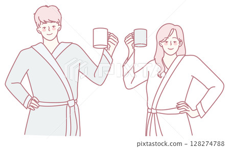 A Joyful Couple Enjoying Their Morning Coffee Together While Dressed in Cozy Robes A Joyful Couple Enjoying Their Morning Coffee Together While Dressed in Cozy Robes 128274788