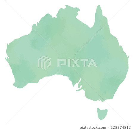 Silhouette map illustration of the Australian continent in a light watercolor style 128274812