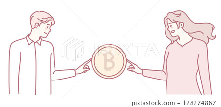 An illustration depicting people engaged in the exchange of Bitcoin cryptocurrency 128274867