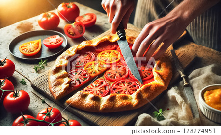 A wide-angle view of a dining table set with a tomato galette as the centerpiece. The scene, bathed in warm natural light, showcases a rustic table with plates, forks, fresh basil, and heirloom 128274951