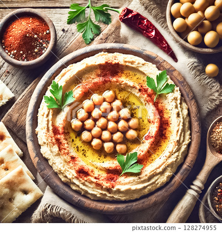 Close-up images of creamy hummus topped with whole chickpeas, drizzled with olive oil, and garnished with fresh parsley. Served alongside toasted pita bread, the setting is rustic and earthy 128274955