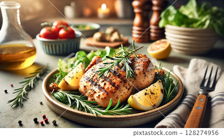 A beautifully plated grilled lemon herb chicken served on a ceramic dish, garnished with rosemary sprigs and lemon wedges. The scene is set in a cozy kitchen with warm, natural lighting, highlighting 128274956