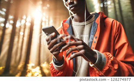 A close-up of an African American man's hands holding a smartphone in a sunlit forest. The shallow depth of field highlights the phone and hands while the background blurs with soft bokeh effects 128274977