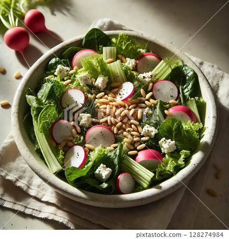 A vibrant salad of radishes, greens, celery, and feta cheese served in a modern bowl. Perfect for food styling, clean eating, and vegetarian lifestyle visuals. A vibrant salad of radishes, greens, celery, and feta cheese served in a modern bowl. Perfect for food styling, clean eating, and vegetarian lifestyle visuals. 128274984