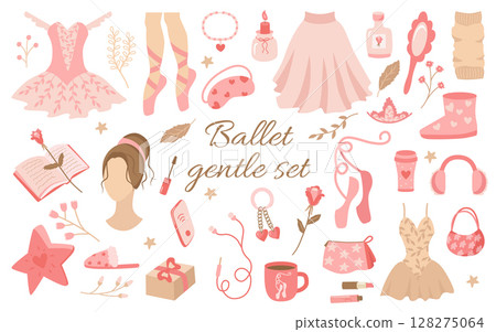 Ballet is a delicate set of feminine elements in shades of pink. Cute items pointe shoes, tutu, perfume, book, candle, ugg boots, phone, headphones, coffee. Vector collection for design or decoration Ballet is a delicate set of feminine elements in shades of pink. Cute items pointe shoes, tutu, perfume, book, candle, ugg boots, phone, headphones, coffee. Vector collection for design or decoration 128275064