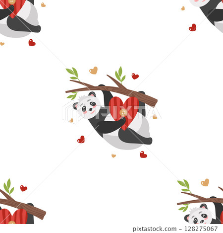 Seamless pattern with panda on a tree and hearts. Vector background in cartoon style for festive design on February 14, Valentine's day, printing on paper, fabric, packaging. Seamless pattern with panda on a tree and hearts. Vector background in cartoon style for festive design on February 14, Valentine's day, printing on paper, fabric, packaging. 128275067