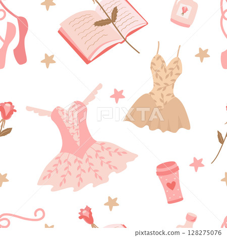 Seamless pattern with cute ballet accessories. Elegant vector background of feminine elements in pink tones for printing on fabric, paper, packaging, wallpaper Seamless pattern with cute ballet accessories. Elegant vector background of feminine elements in pink tones for printing on fabric, paper, packaging, wallpaper 128275076