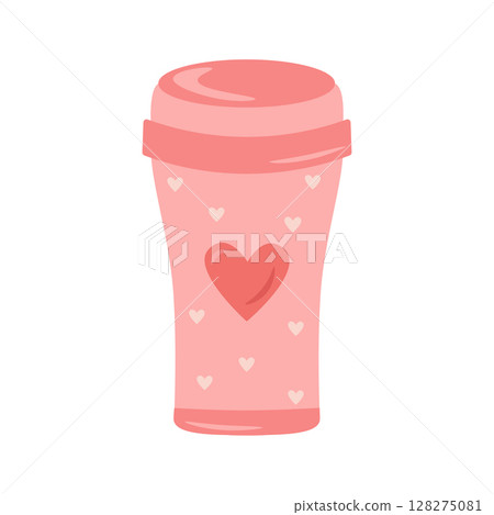 Reusable thermocup with pink hearts print for the concept of zero waste. For hot drinks, coffee, tea, cocoa. Vector illustration in cartoon style. 128275081